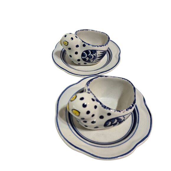 Set of 2 Tiffany & Co. Portugal Egg Cup Blue Polka Dot Chicken Hen hand painted - Picture 2 of 7